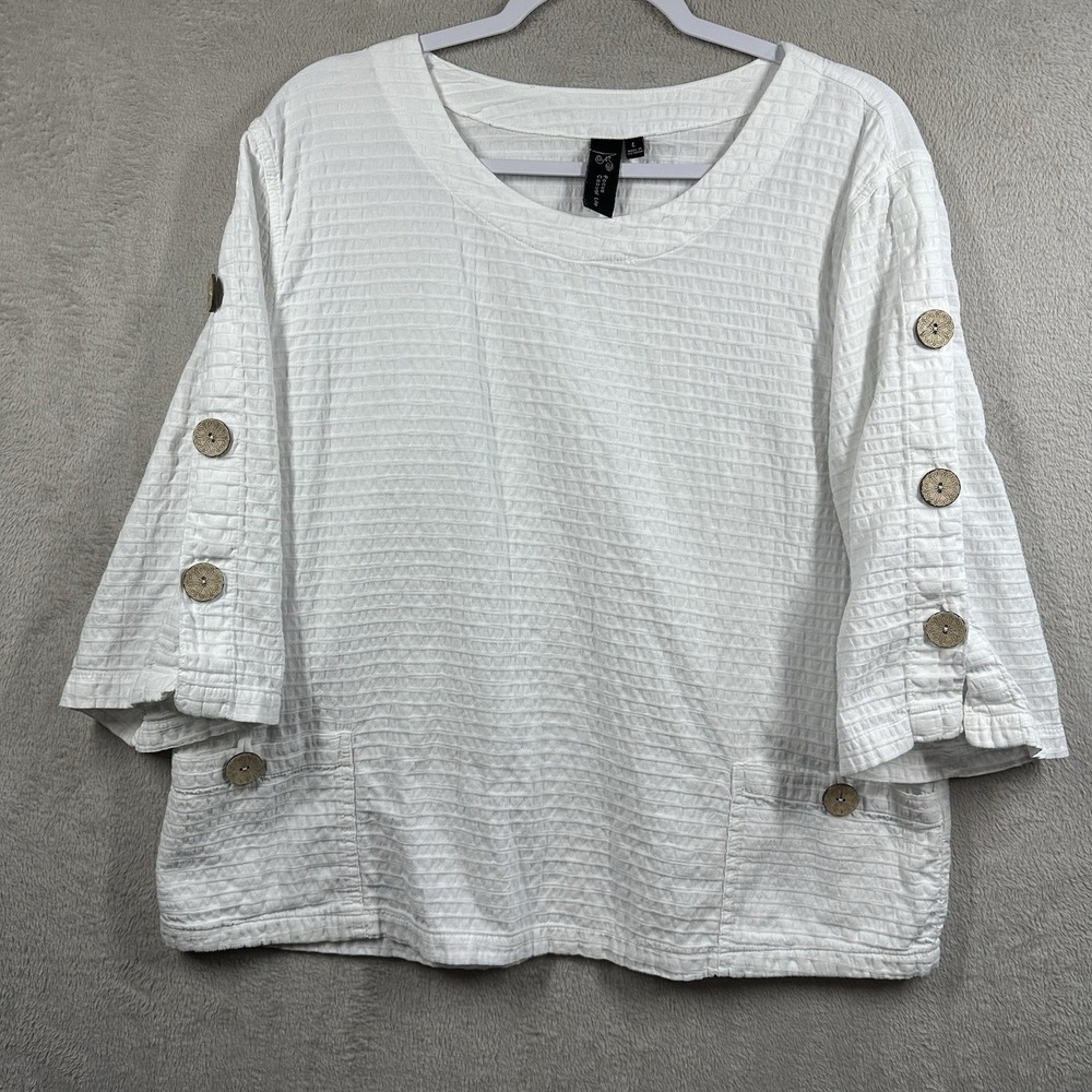 Focus Casual Life Top Women's L White Lagenlook Textured Cotton Coastal Beachy‎